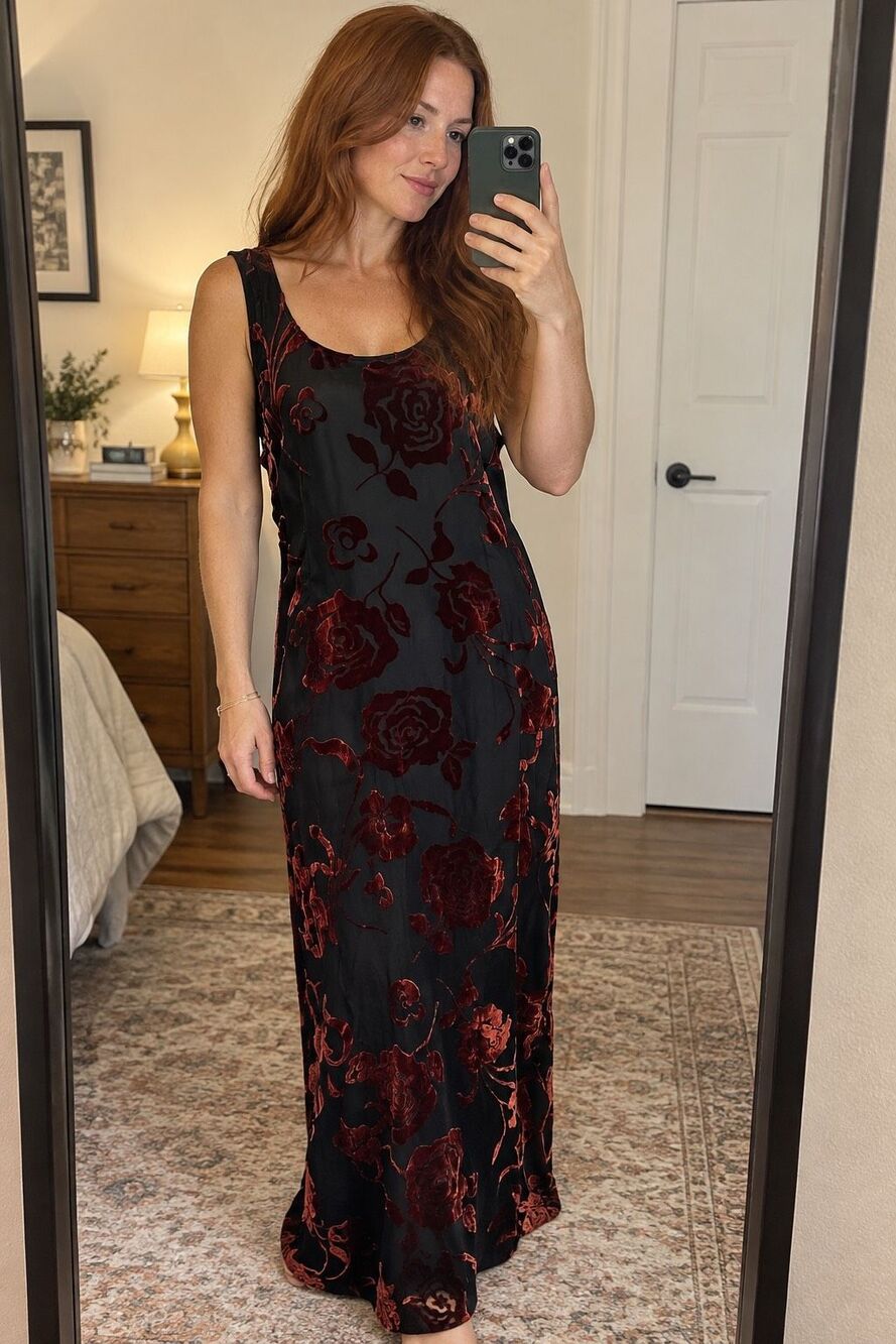 Vintage Laura Ashley Silk Velvet Burnout Floral Maxi Dress 14 90s Whimsigoth